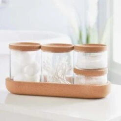 B&M Storage Jars 5pk -Household Items Shop 373970 set of 4 glass storage jars with cork lids and tray