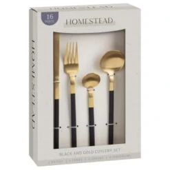 B&M Homestead Matte Black & Gold Cutlery Set 16pc -Household Items Shop 375296 homestead 16 piece black and gold cutlery