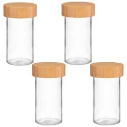B&M Set Of 4 Glass Spice Jars With Bamboo Wood Base 11 B&M Set Of 4 Glass Spice Jars With Bamboo Wood Base -Household Items Shop 394437 set of 4 glass spice jars with bamboo wood lid and base group